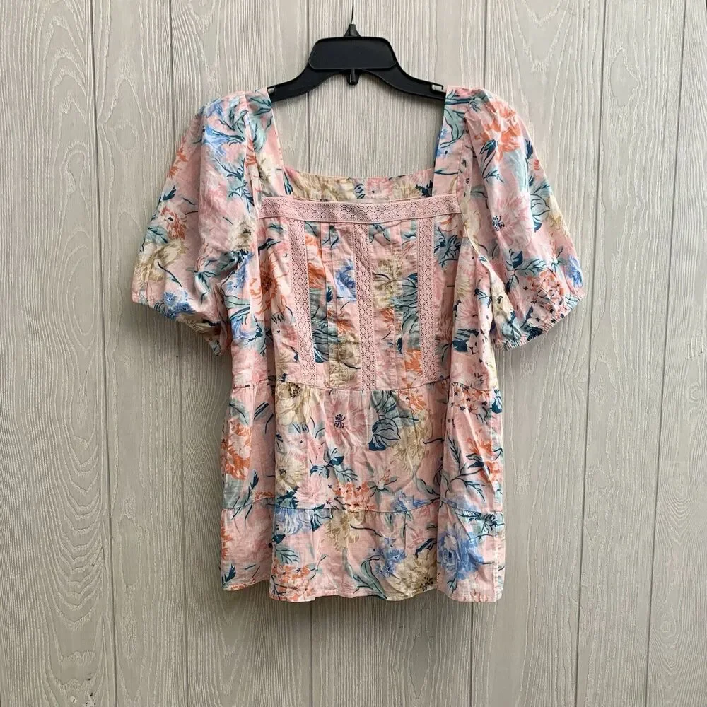 LOFT Garden Lacy Tiered Pink Square Neck Short Sleeve Top Size Medium